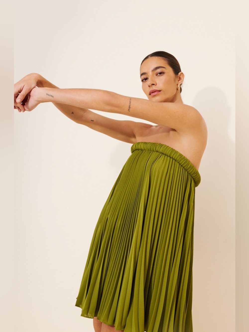Halston Heritage Army Green Strapless Pleated Mini Dress